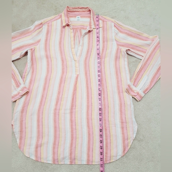 GAP Women’s Popover 100% Linen  Tunic Blouse Pink Multi Stripe Long Sleeve Large - Picture 7 of 11